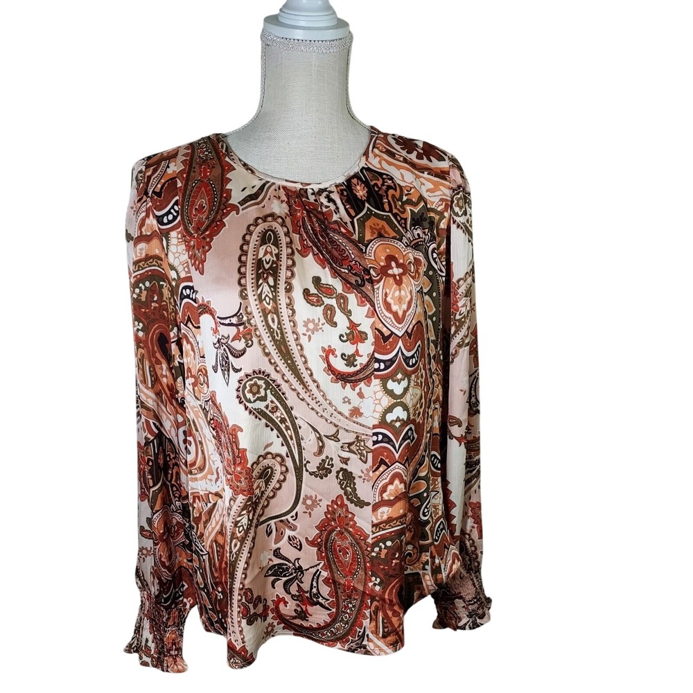 Hudson Gray Blouse Women Medium Taupe Paisley Smocked Cuff Long Sleeve Boho Top